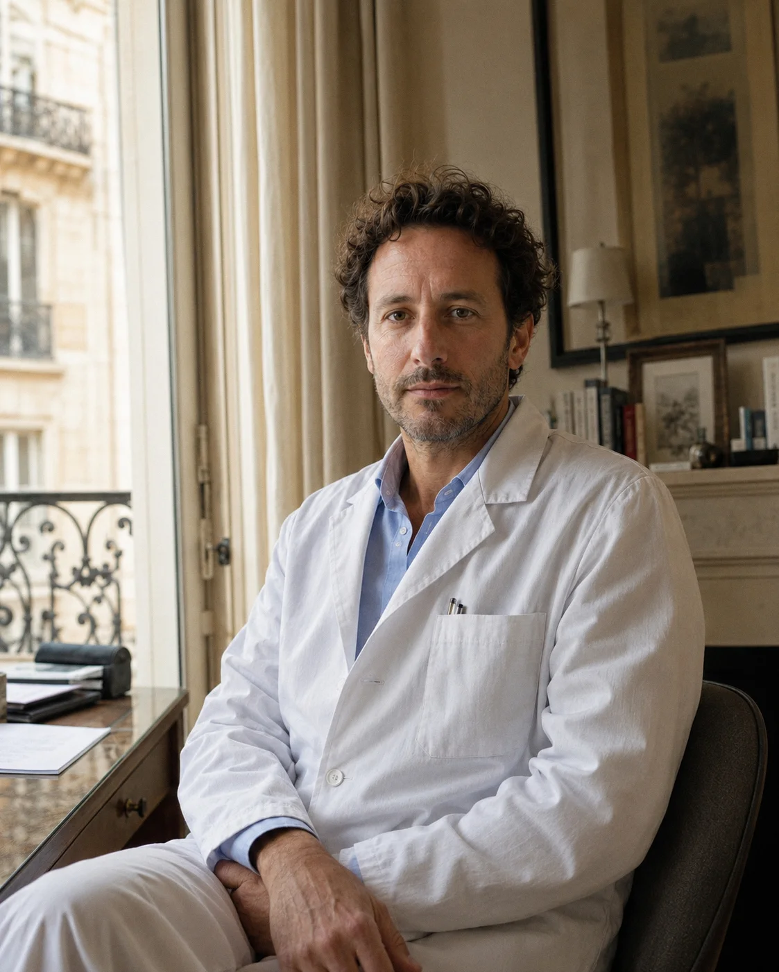 Portrait d'un praticien dans son cabinet parisien — présence calme, lumière naturelle